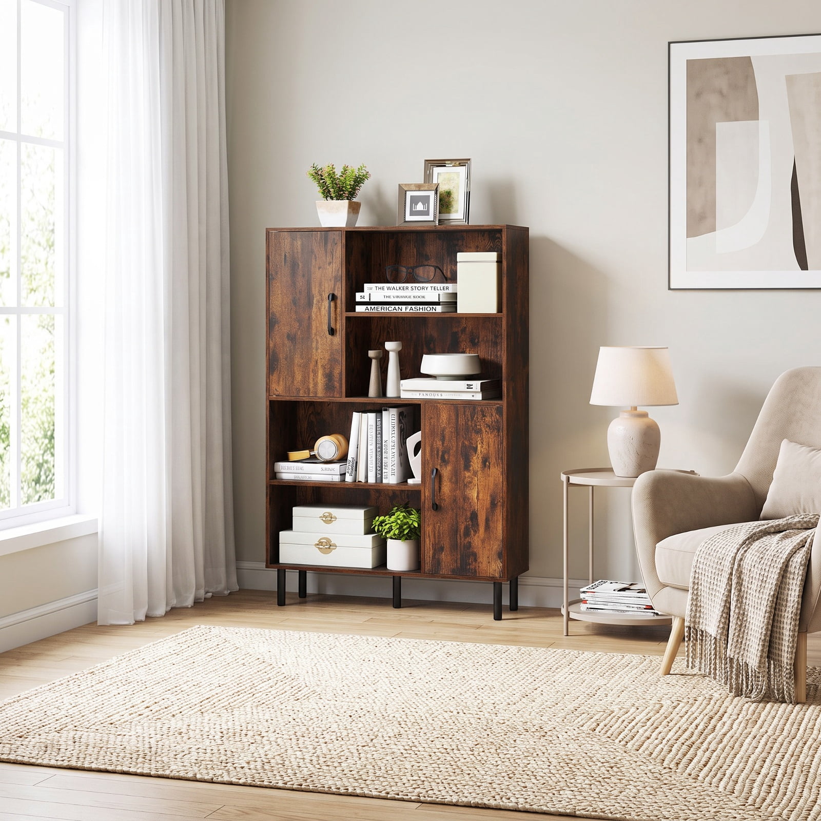 Furnibear 47 Inch Storage Cabinet Freestanding Bookcase with 2 Doors and 4 Open Shelves for Living Room Home Office Bedroom Display, Rustic Brown