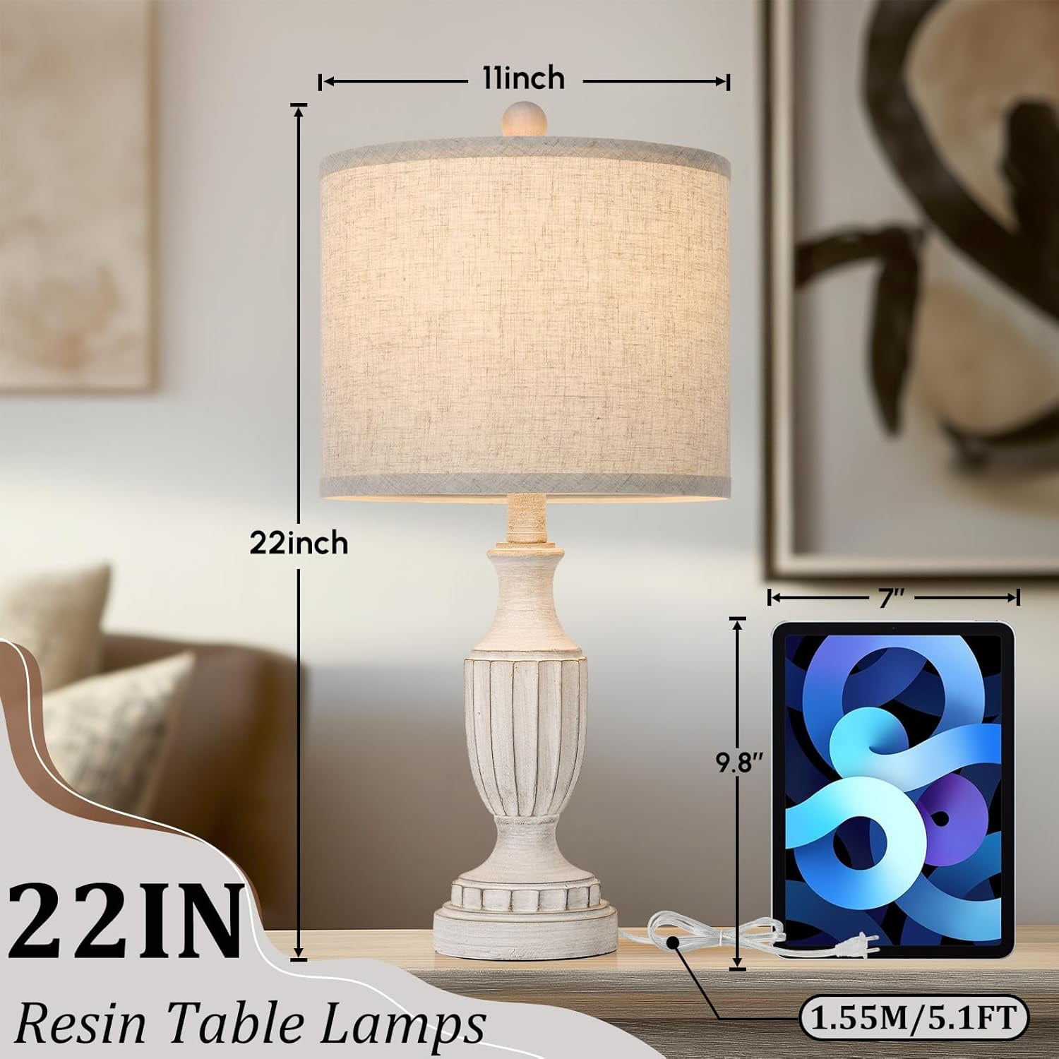 Nordic Hygge Set of 2 White Rustic Vintage Table Lamps for Living Room Bedroom