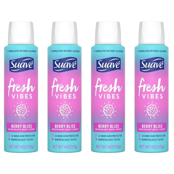 Suave Fresh Vibes 48hr Deodorant Body Spray Protect Berry Bliss 4oz 4 PK