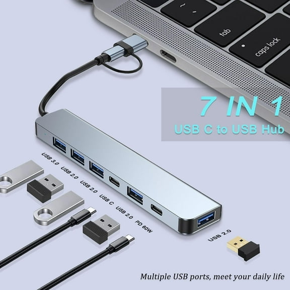 Aluminum 7 in 1 USB C Hub with USB 3.0, USB 2.0 Ports, Multiport USB Adapter with 5 USB Ports for MacBook Pro/iPad Pro/Surface Pro/HP Laptop/Galaxy Phones