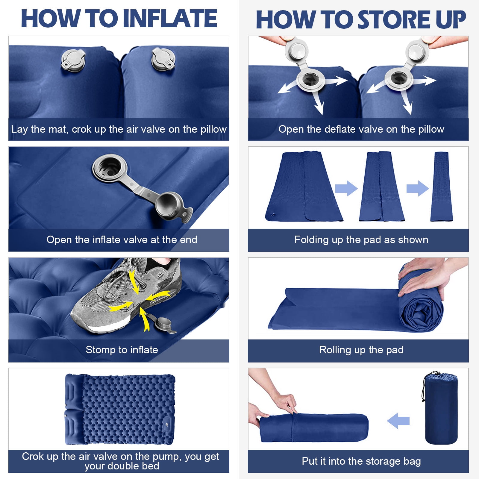Eurhowing Double Sleeping Pad 4" Thick, 2 Person Inflatable Camping Mat with Foot Pump & Pillow, Portable Air Mattress for Backpacking Hiking Tent Travel, Navy