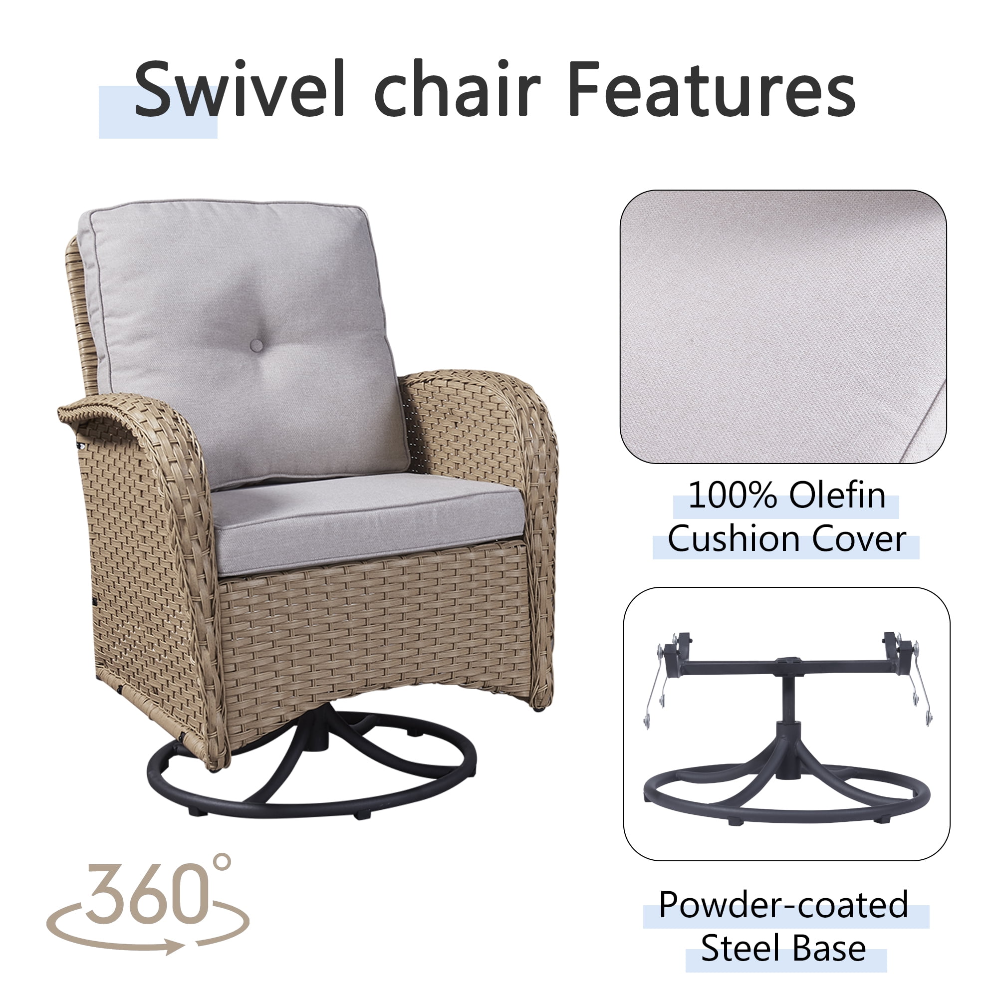 PARKWELL 3 Pieces Outdoor Swivel Gliders Rocker Set,High Back Wicker Patio Chairs with Side Table,Yellow Rattan Deep Seating Furniture with Non-Slip Beige Cushion for Porch Deck Backyard