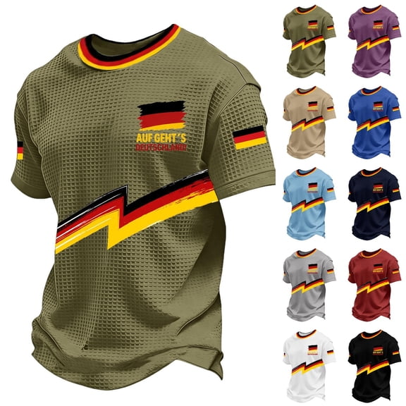 Soccer Cup 2026 Jersey for Men, Crew Neck Short Sleeve Deutschland Lightning Bolt Graphic Tee with Waffle Knit Texture - Breathable Performance Top for Match Day & Gym Army Green L