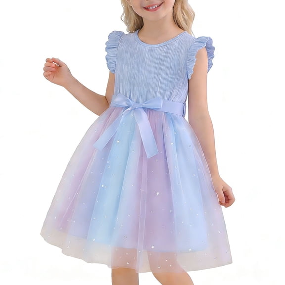 ITSAME Girls Dresses, Cute Bow Ruffled Sleeveless Round Neck Fashion Princess Tulle Dress for Kids Light Blue 5-6T