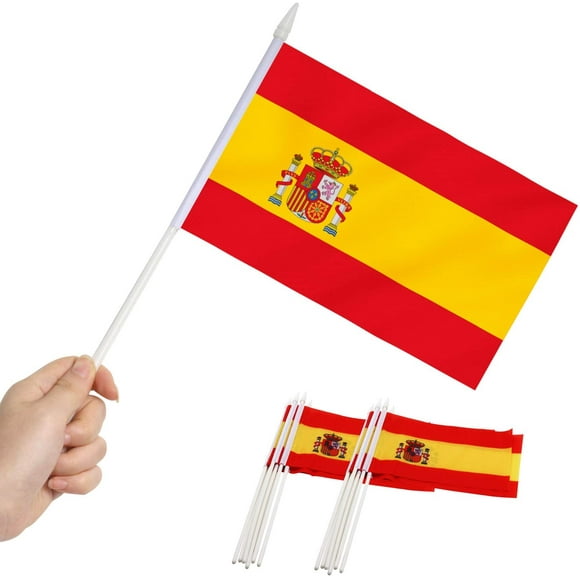 Anley Spain Mini Flag 12 Pack - Hand Held Small Miniature Spanish Flags on Stick - 5x8 Inch with Solid Pole & Spear Top