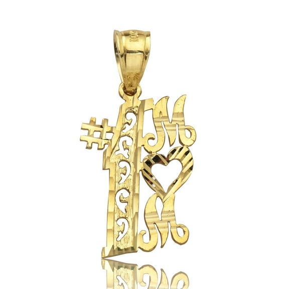 LOVEBLING 10k Yellow Gold High Polished Diamond Cut #1 Mom Charm Pendant (1.06 x 0.52)