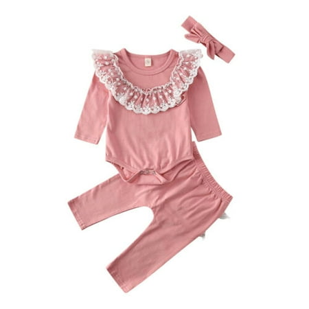 

Newborn Infant Baby Girls Outfits Long Sleeve Lace Neckline Romper Bodysuit Top with Bow-knot Headband and Waistband Long Pants Clothes Set