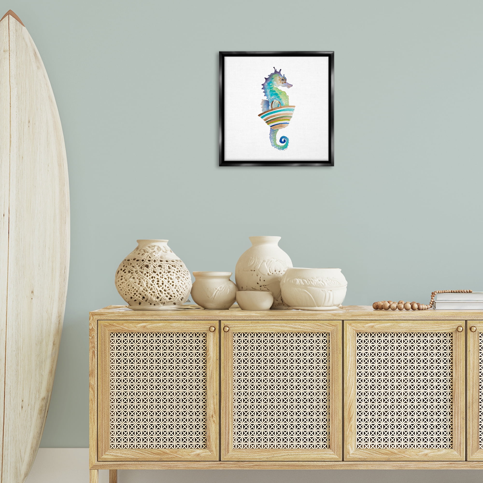 Stupell Industries Summer Ready Seahorse Novelty Painting Black Floater Framed Canvas Art Print Wall Art, 18 x 18