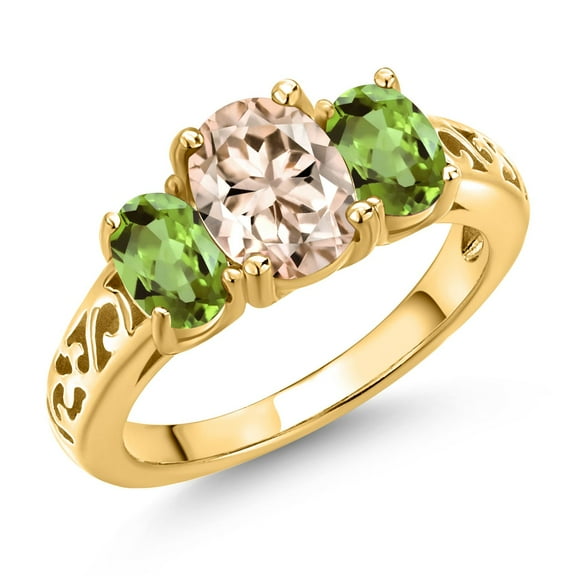 Gem Stone King 18K Yellow Gold Plated Silver Peach Morganite and Green Peridot Filigree Style 3 Stone Ring for Women (2.00 Cttw, Oval 8X6MM and 6X4MM) (Size 7)
