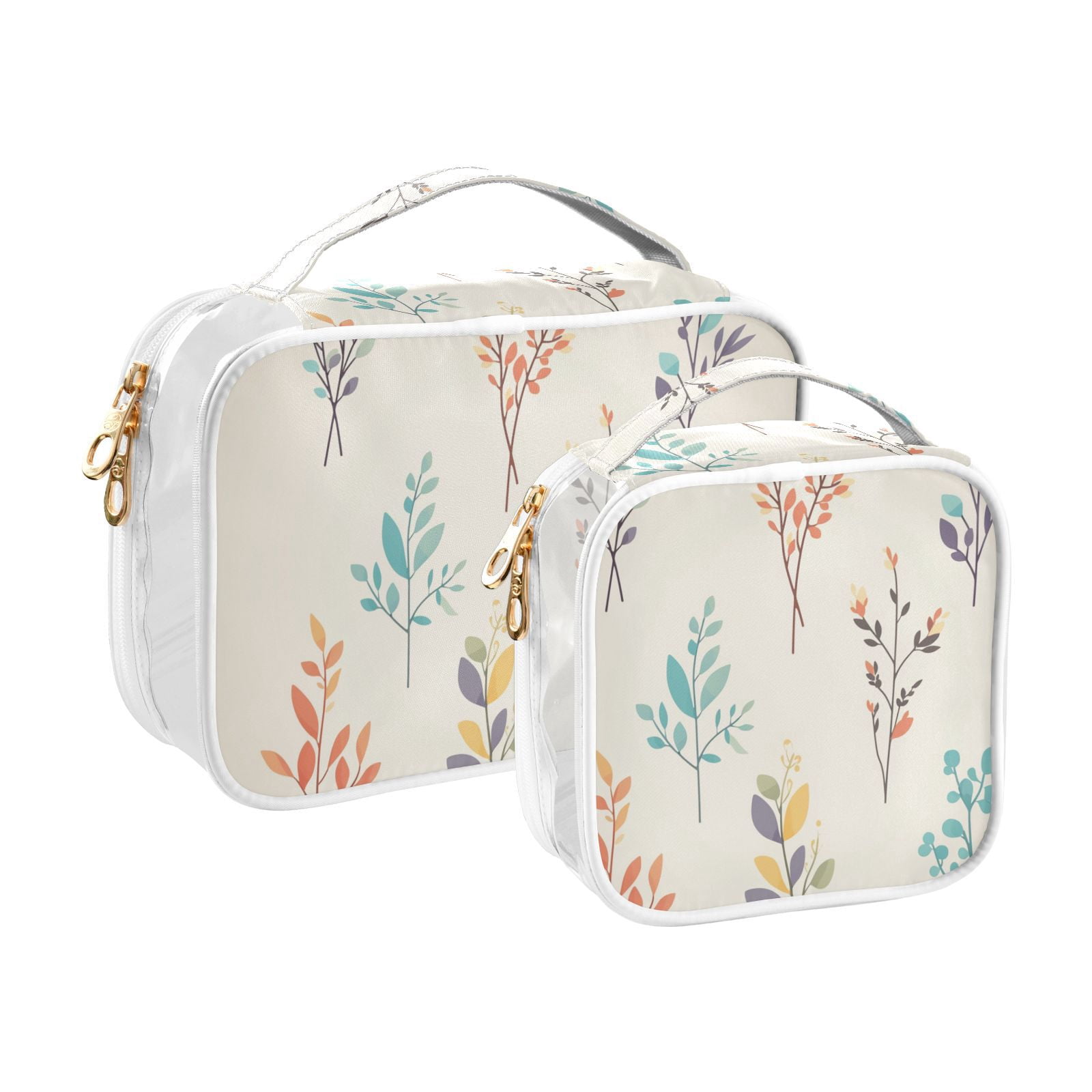 Clear Makeup Bags with Handle Large Opening 2 Pack Set Toiletry Bag Quart Size Bag, for Women Man Traveling Travel Essentials, Toiletries and Other. Leafs Vibrant Illustration
