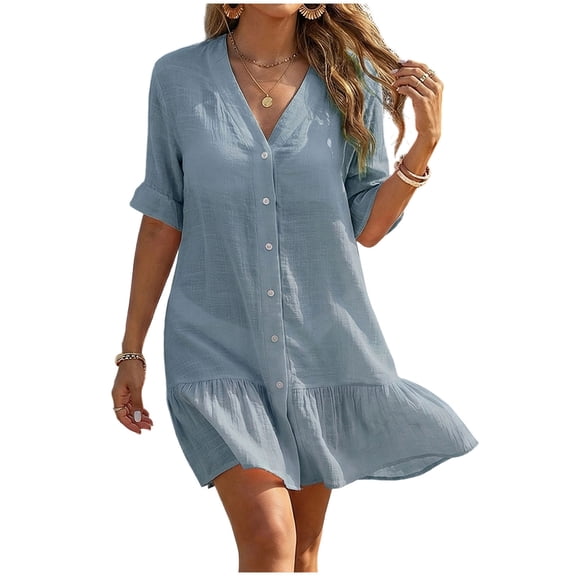 Alkepwun Beach Cover Ups for Women Button Down V-Neck Short Sleeve Ruffle Hem Beach Coverup Dress Lightweight Breathable Flowing Swimwear Tunic