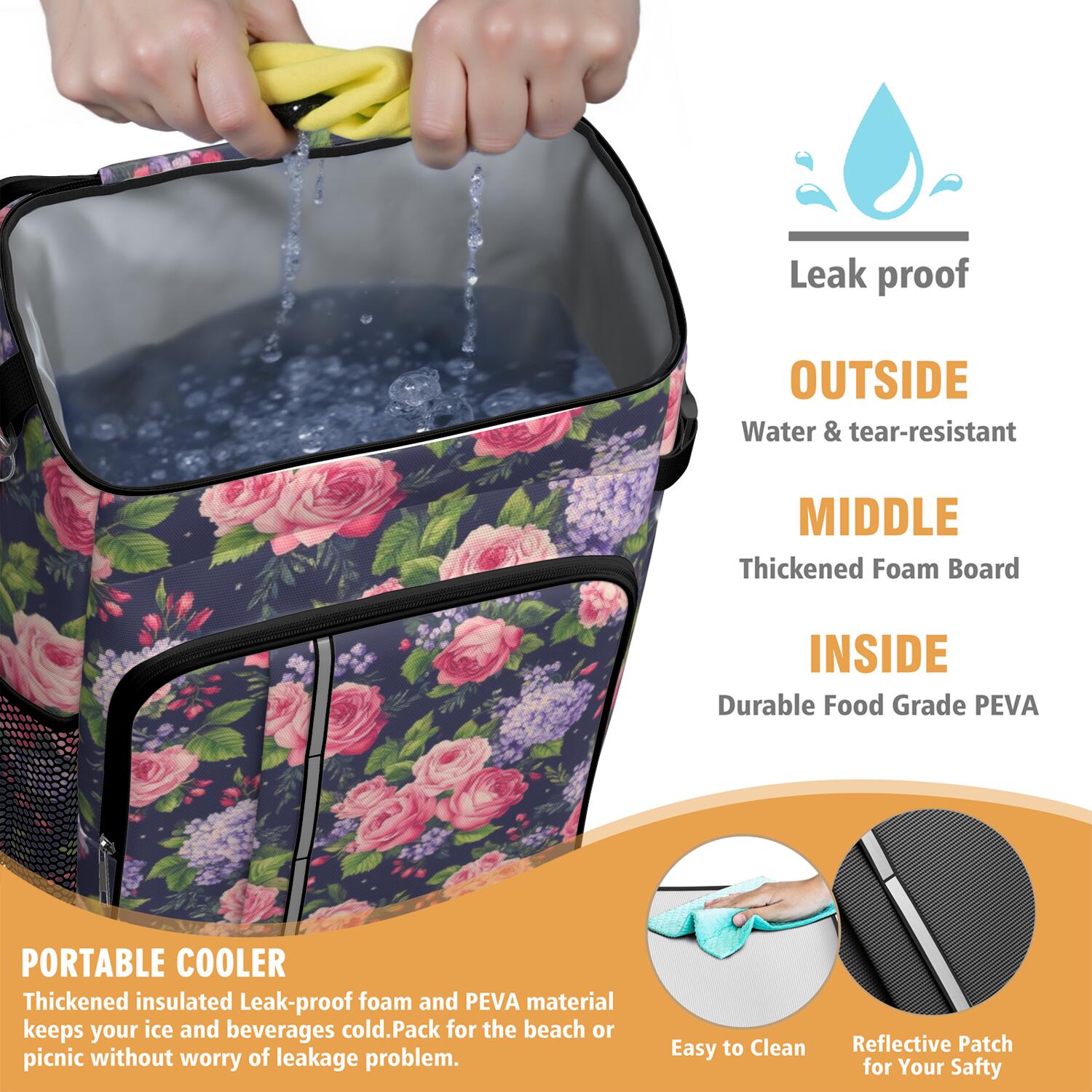 Travel Cooler Bag - Pioneer Flower Floral Print Pattern Camping Beer Cooler Backpack with Bottle Opener- Waterproof Insulated Picnic Backpacks - Cooler Bag for Beach
