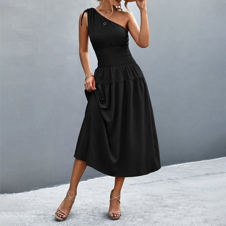 Mgoohoen Dresses for Women 2023 Ruffle Elastic Waist Tie Backless Night Out Club Sleeveless One Shoulder Floral Print Evening Party Long Black L Dress