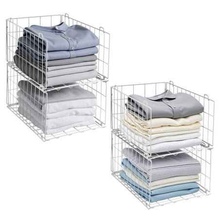 Lonian 4-Tier Stackable Closet Organizers and Storage Basket, Clothes Storage Drawer Organizer for Wardrobe, Foldable Metal Wire Basket, White
