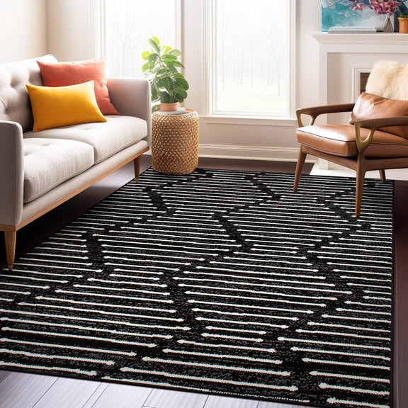 World Rug Gallery Boho Stripe Design Area Rug - BLACK 5'X7'