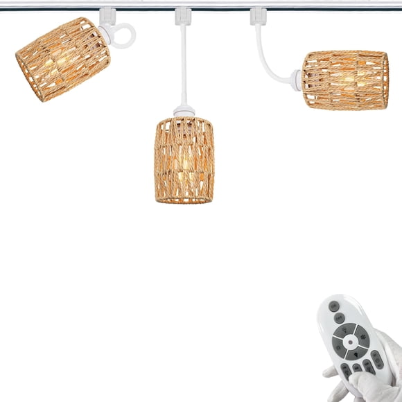FSLiving Gimbaled LED Track Light,Adjustable Height Halo Track Lighting Pendants, Flexibly Rotatable Light Goose Neck Head Twine Natural Rattan Shade, E26 Smart LED Edison Bulbs for Kitchen Island