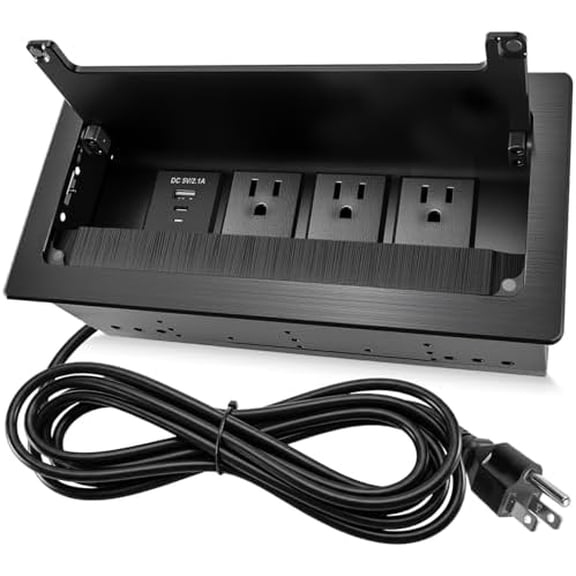 1875W Conference Table Power Hub, Embedded Desk Power Outlet with 3 Ac Outlets & USB-A USB-C 18W Fast Charging, 8Ft 16Awg Power Cable for Home Office Conference Room Desks, Black