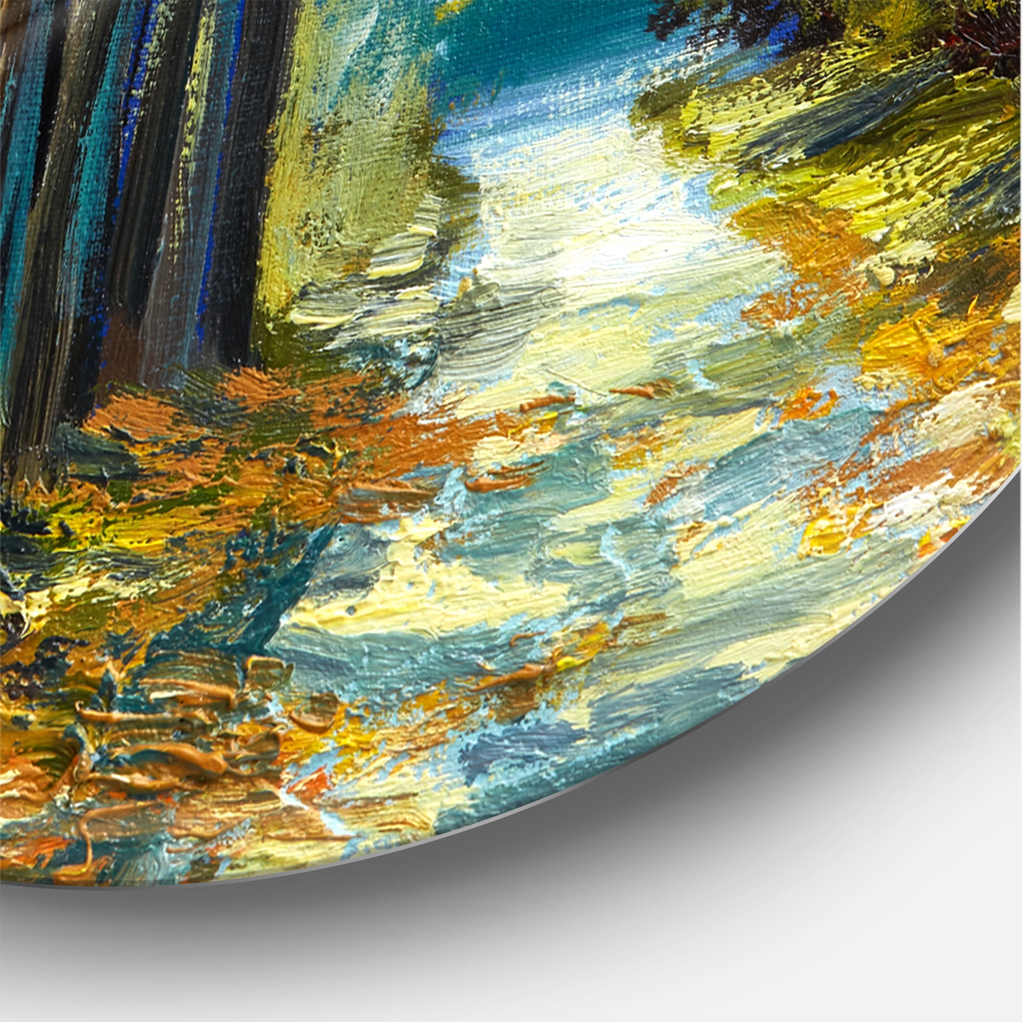 Designart 'Abstract Trees In Warm Autumn Colors By Bright Blue River' Traditional Circle Metal Wall Art 29x29 - Disc of 29