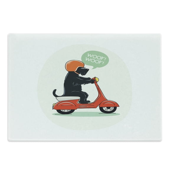 Scottie Dog Cutting Board, Illustration of a Puppy Riding Scooter with Woof Woof Text Balloon Comic Design, Decorative Tempered Glass Cutting and Serving Board, in 3 Sizes, by Ambesonne