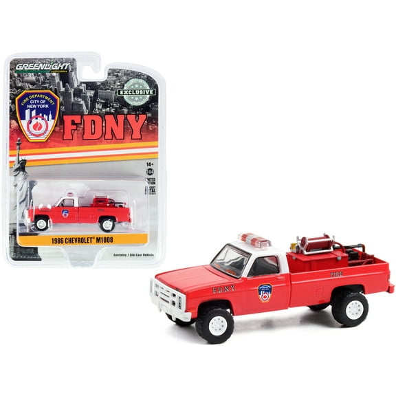 1986 Chevrolet M1008 Pickup Truck Red w/White Top w/Fire Equipment, Hose & Tank  (FDNY) 1/64 Diecast Model Car by Greenlight