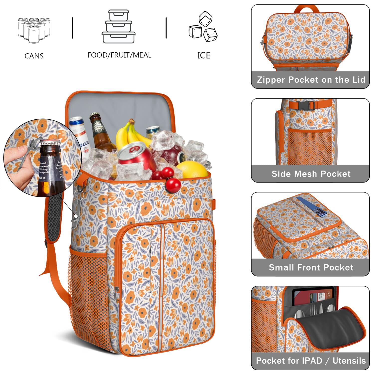 Travel Cooler Bag - Pioneer Flower Camping Beer Cooler Backpack with Bottle Opener- Waterproof Insulated Picnic Backpacks - Cooler Bag for Beach