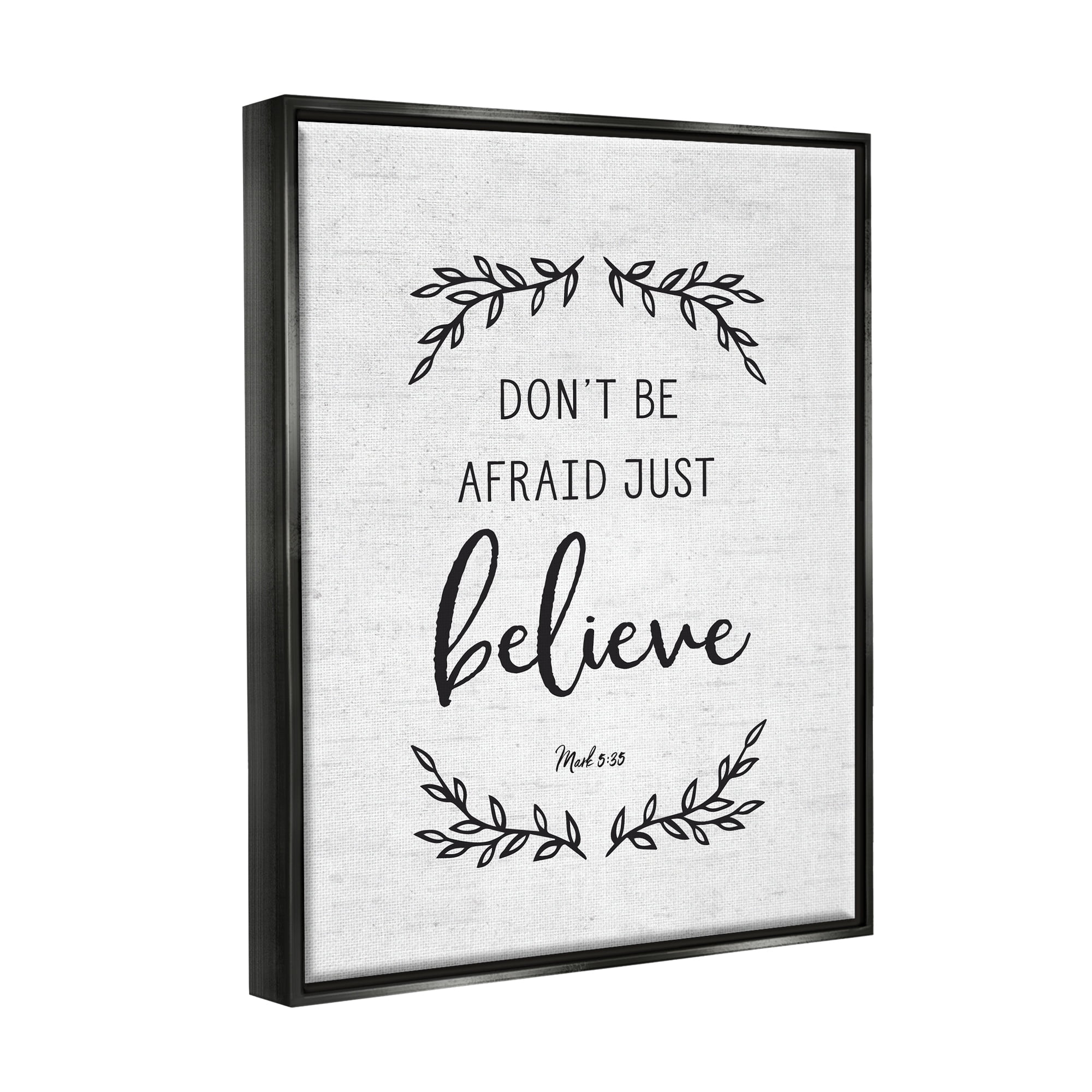 Stupell Industries Encouraging Scripture Verse Quote Casual Leaf Sprigs Graphic Art Jet Black Floating Framed Canvas Print Wall Art, Design by Lettered and Lined