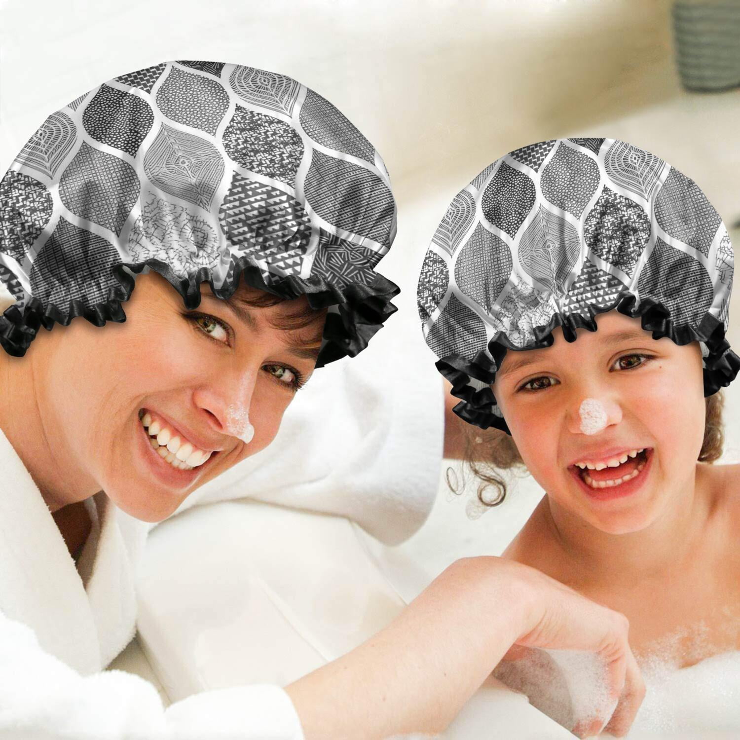 Shower Caps,Black and White Geometric Quatrefoil Pattern Waterproof Shower Cap for Women 4 Pieces,Double Reusable Hair Cover for Shower PEVA Elastic Stretch Hem