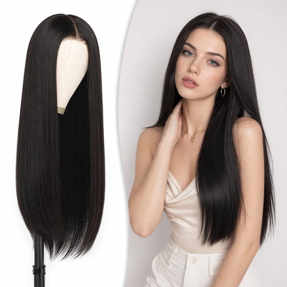 26-Inch Synthetic Straight Wig, Pre-Cut Lace Front, Pre-Plucked Transparent Lace, Ready-to-Wear, Black