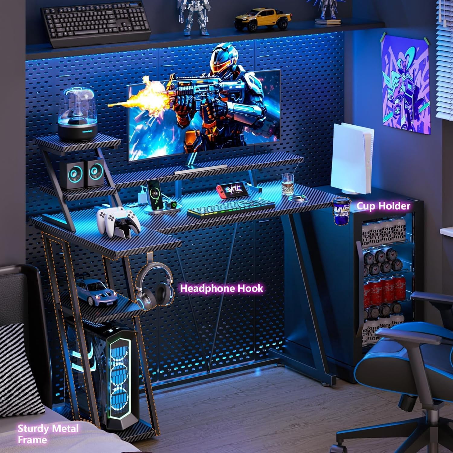 40 Inch Gaming Desk with LED Lights & Power Outlet, L Shaped Computer Gaming Table with Storage Shelves, Reversible Corner Desk with Monitor Stand for Home Office, Carbon Fiber Black