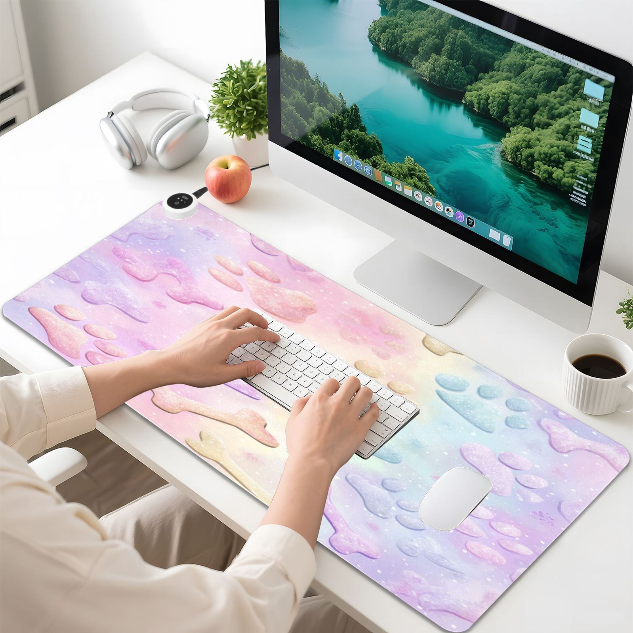 Large Heated Desk Mat Mouse Pad 31.5"x13"PU Leather Graphene Heating Desk Warmer with 3 Temperature Settings 110V US Plug Non-Slip Warm Pad for Home, Office, and Gaming Pastel Dog Bone Print