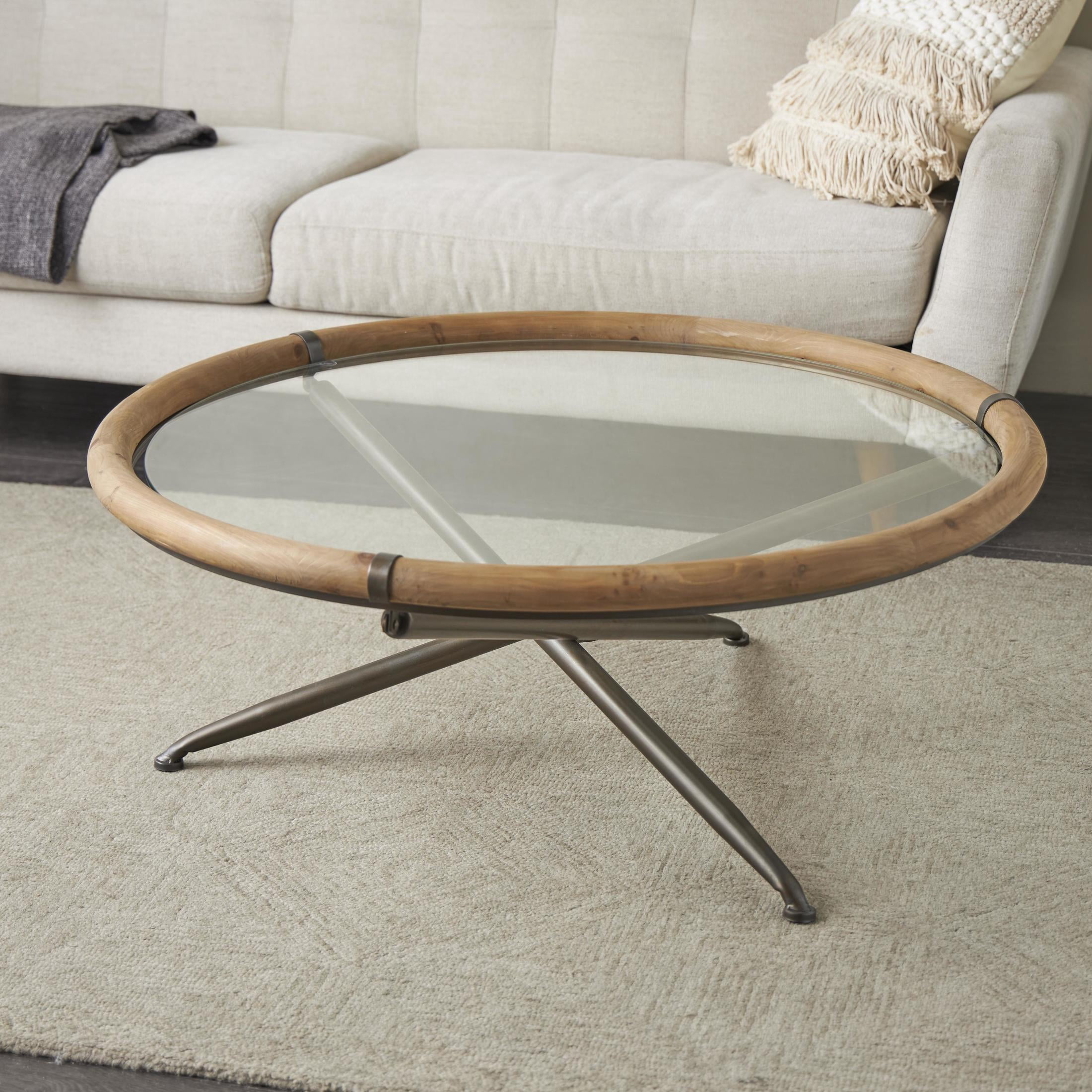 DecMode 39" x 16" Brass Metal Round Coffee Table with Brown Wooden Framed Glass Tabletop, 1-Piece
