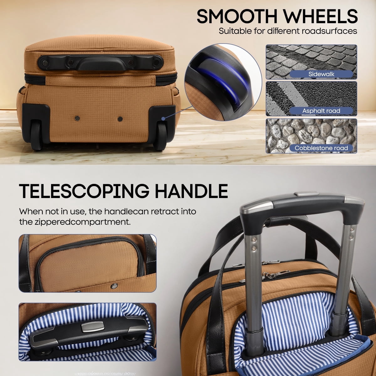 16" Underseat Carry on Luggage for Airplane, Softside Small Rolling Suitcase,Lightweight Personal Item Travel Bag, Brown - XJ5011
