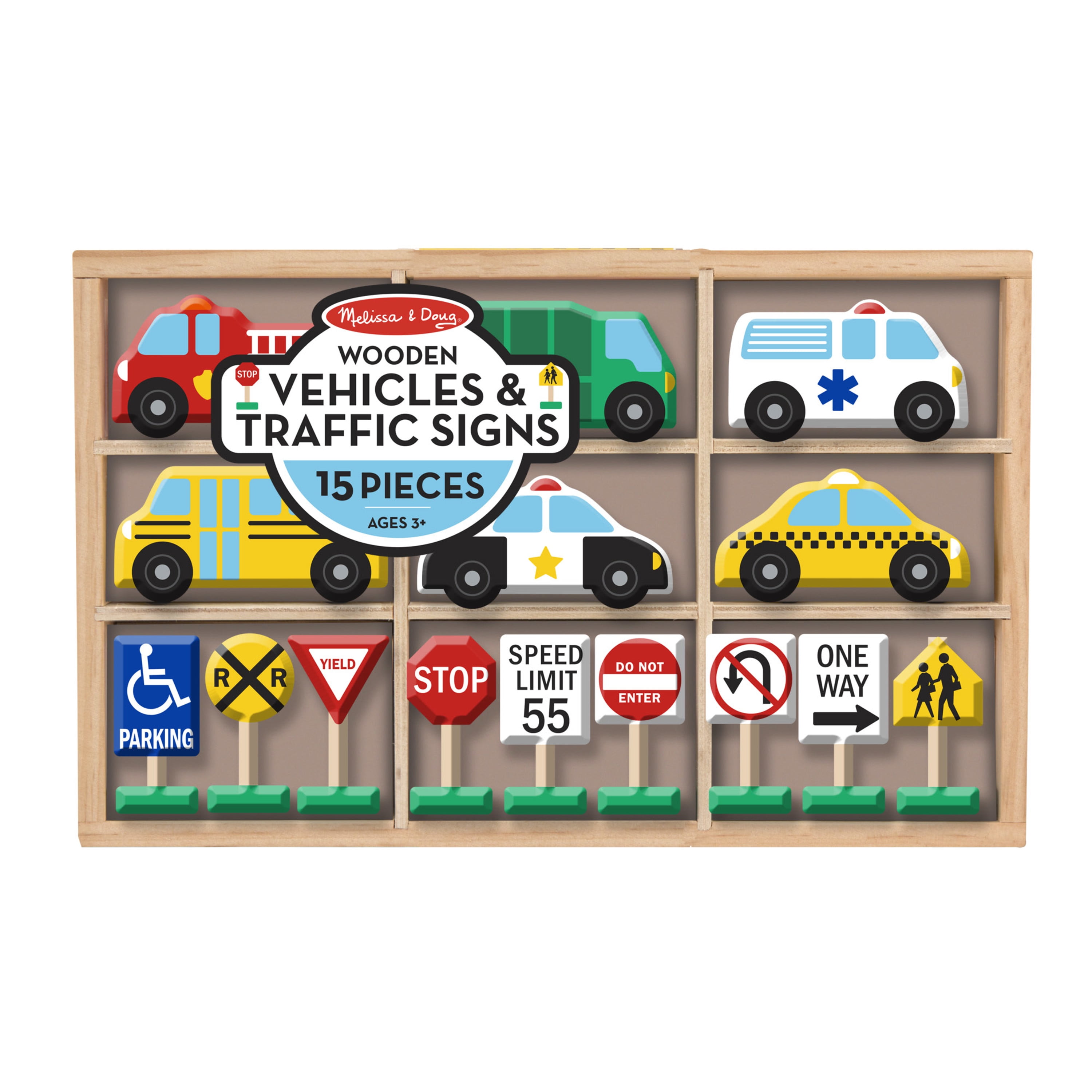 Melissa & Doug Wooden Vehicles and Traffic Signs With 6 Cars and 9 Signs