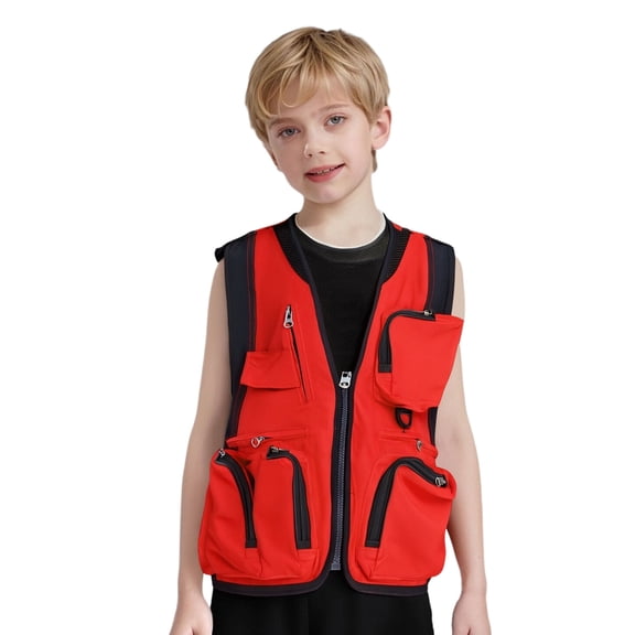 Haitryli Boys Girls Outdoor Activities Vest Sleeveless Fishing Cargo Jacket With Multi Pockets Red M