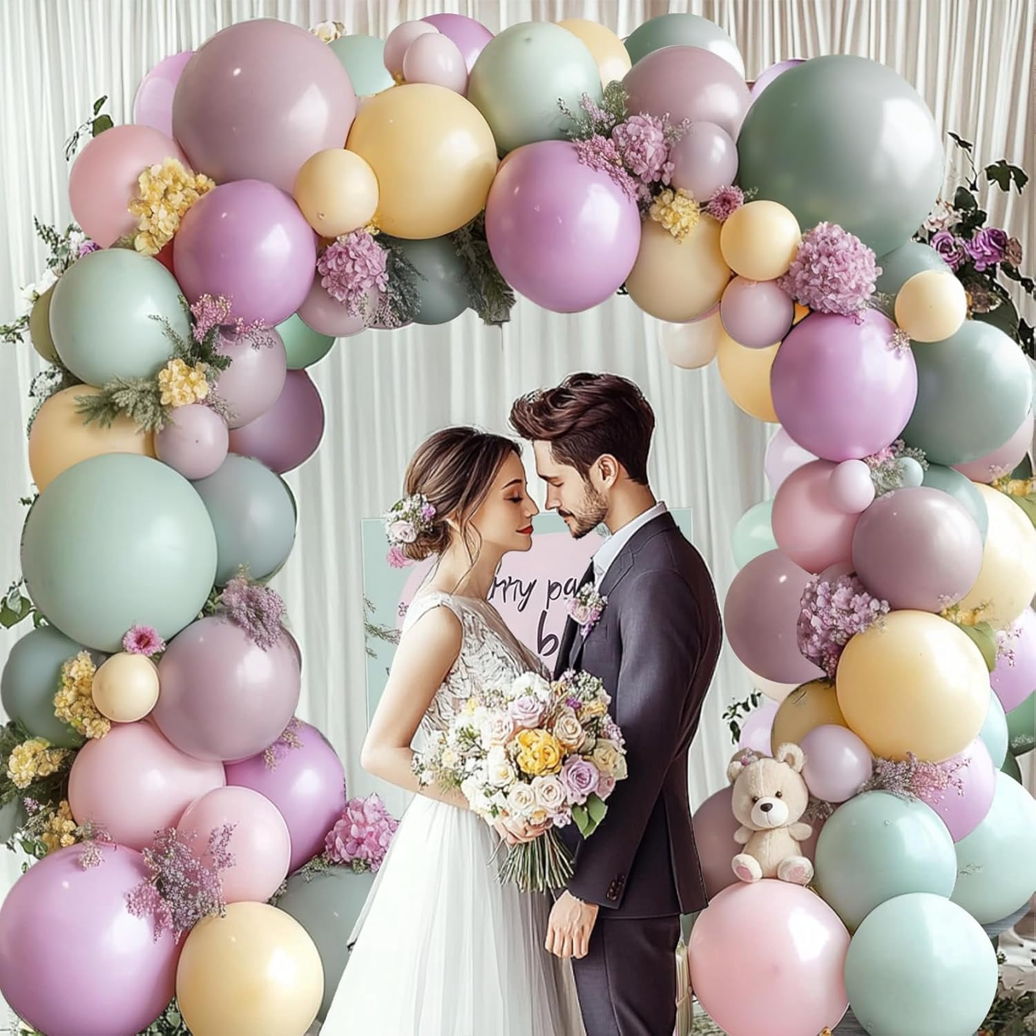 Dusty Green Pink Purple Yellow Balloon arch kit,Double Stuffed Haze Purple Mauve Pink Ivory Sage Green Lilac Light Yellow Balloons Garland for Brithday Wedding Wild Flower Princess Party Decorations