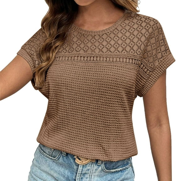 Tfken Summer Women Tshirts Solid Color Crew Neck Short Sleeve Tops Breathable Daily Wear Female Soft Shirts Brown