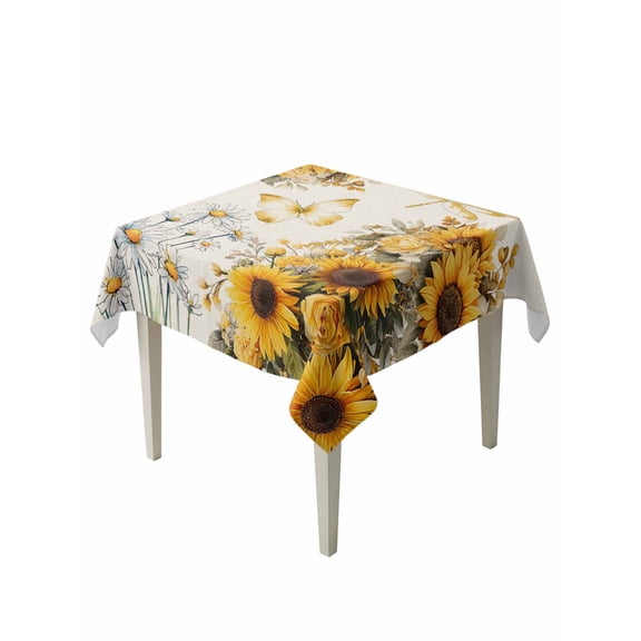 Farmhouse Sunflower Suqare Tablecloth - 54 x 54 Inch, Vintage Daisy Butterflies Rustic Burlap Waterproof & StainResistant Tablecloth, Washable Oil-proof Table Cover for Dining/Party/Wedding/Buffet