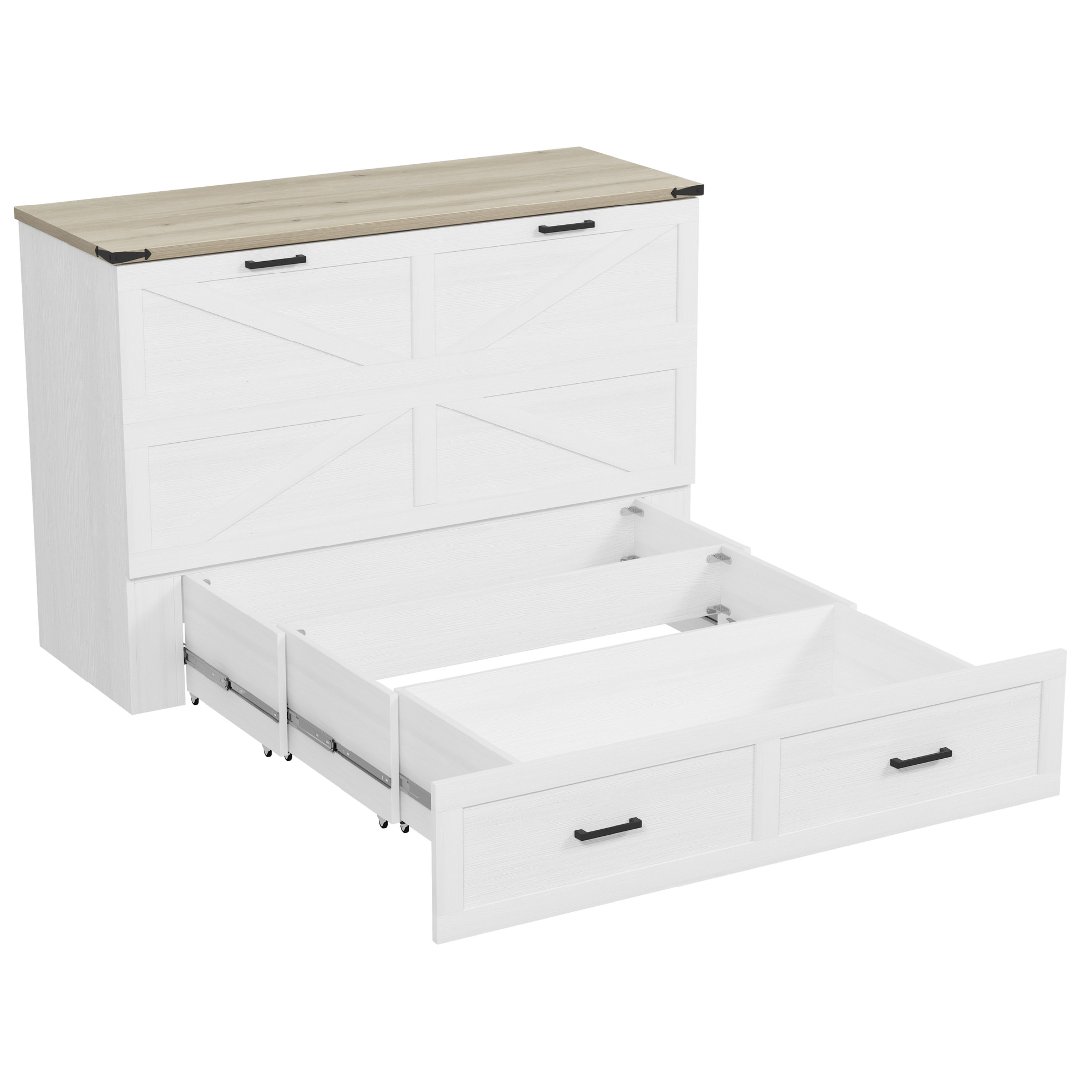 Noble House Queen Size Farmhouse Murphy Cabinet Bed with Charging Station and Storage Drawer, Foldable Platform Bed,White