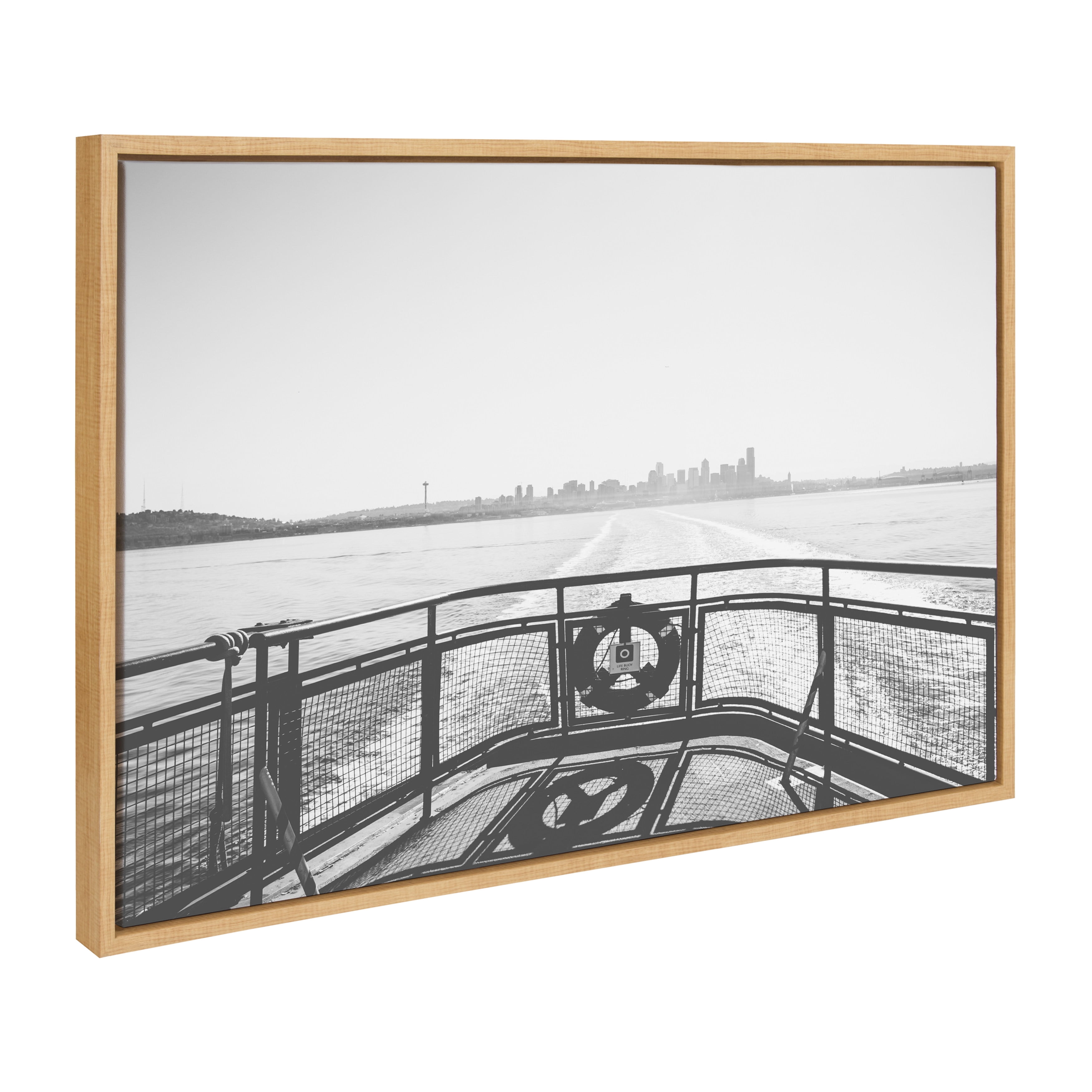 DesignOvation Sylvie Morning Ferry Framed Canvas Wall Art By Patricia Hasz, 23x33 Natural, Misty Coastal Wall Decor