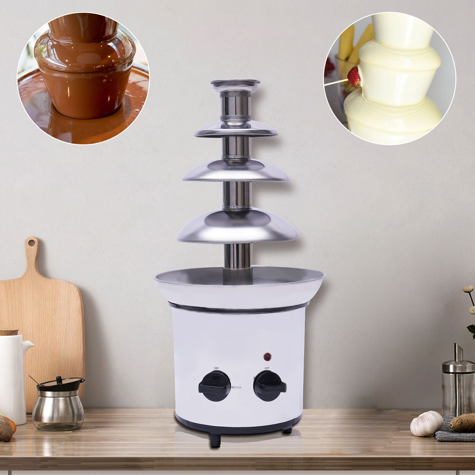 Commercial 110V 4 Tiers Chocolate Fondue Fountain,Stainless Steel Adjust Luxury Hot Chocolate Cream Melting Machine 170W Chocolate Fondue Fountain Fondue Maker Silver for Christmas Birthday Party 