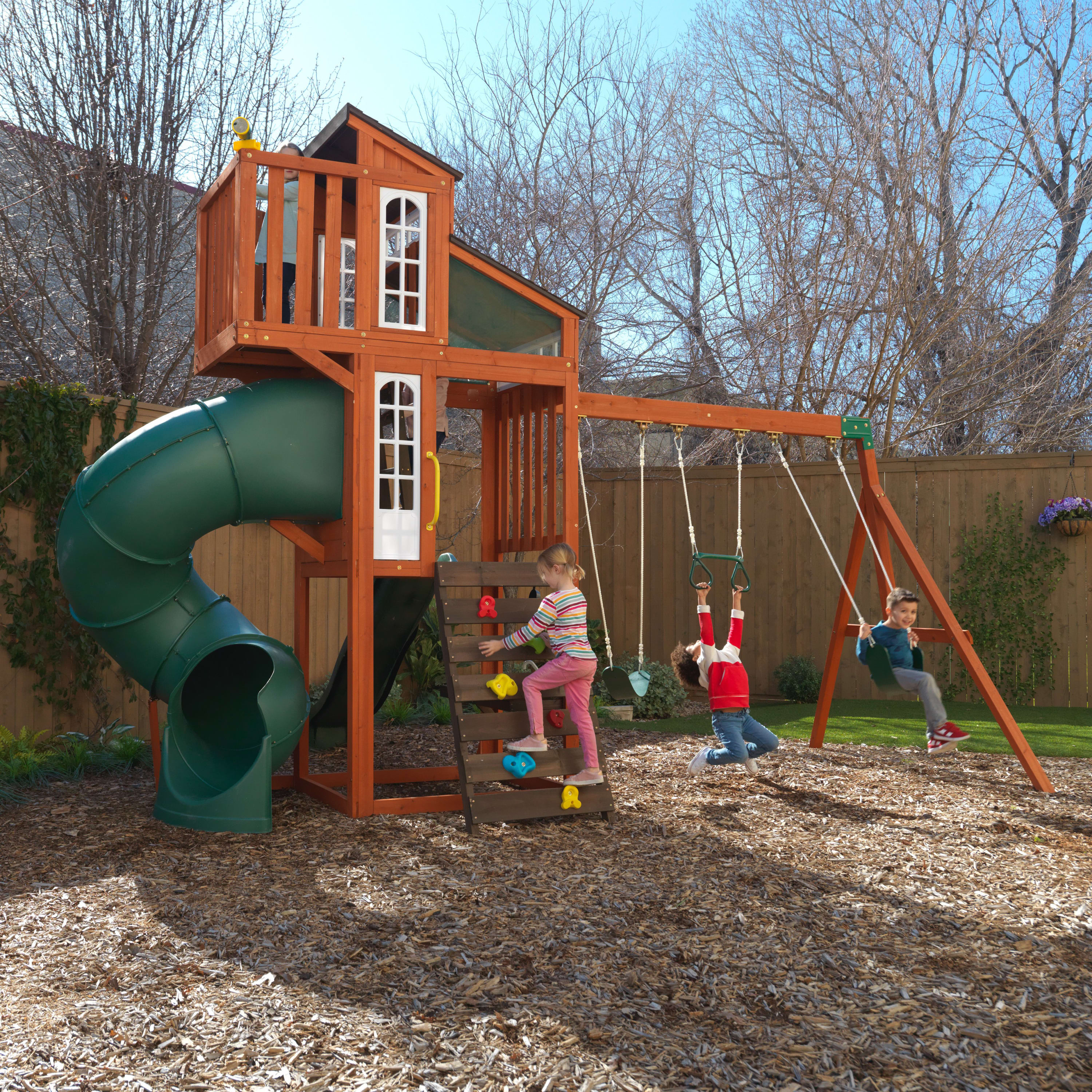 KidKraft Austin Wooden Outdoor Swing Set with Slides, Swings, Kitchen and Rock Wall - image 7 of 27