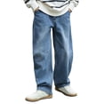 thumbnail image 2 of Boys Wide Leg Jeans, Solid Color Loose Straight Leg Full Length, Casual Fashion Denim Pants For Kids Light Blue 14-15Years, 2 of 8
