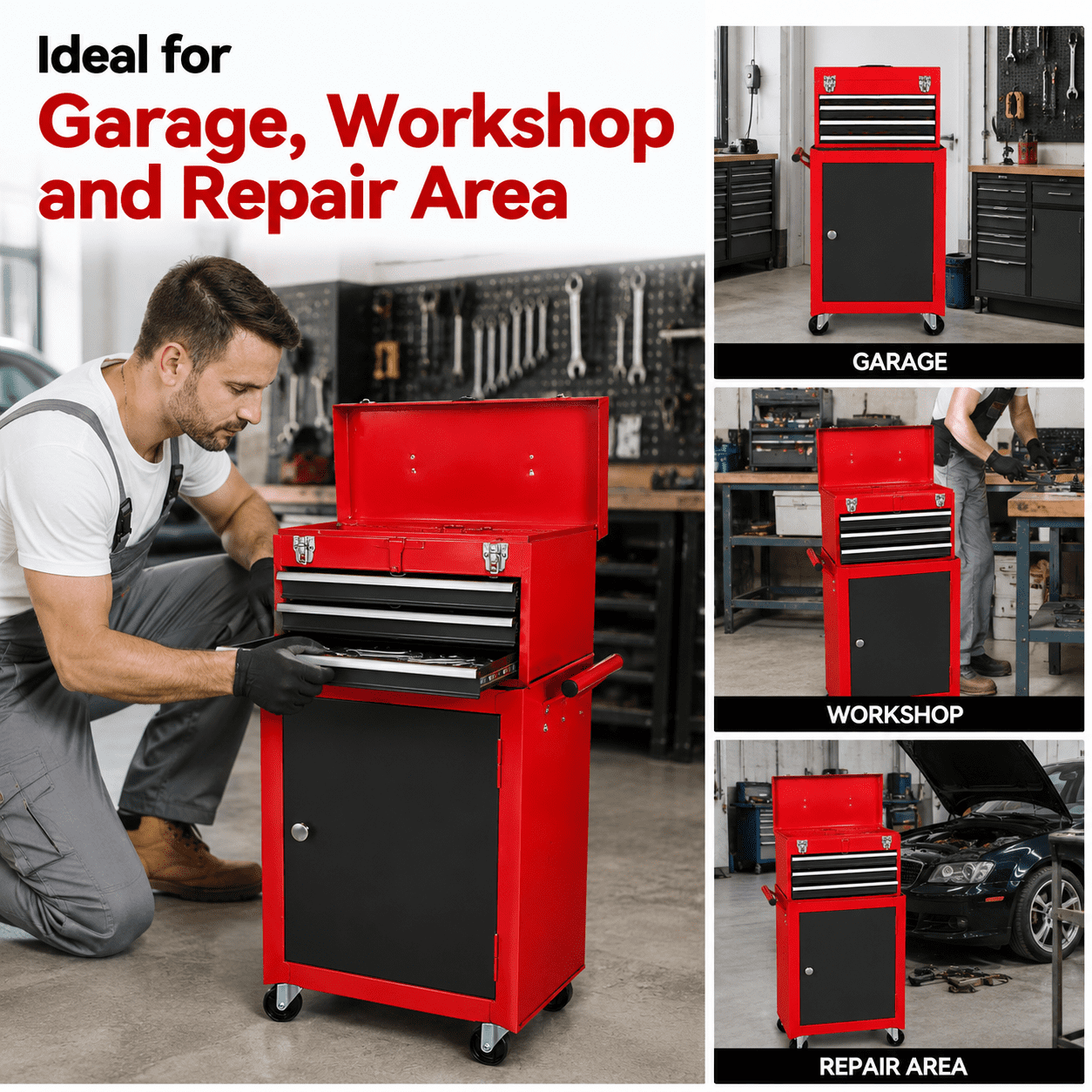 HPDAVV Detachable 3-Drawer Rolling Tool Chest, Red Metal Tool Box and Storage Cabinet with Adjustable Shelf, Locking Drawers, Side Handles and Brake Wheels for Garage Workshop