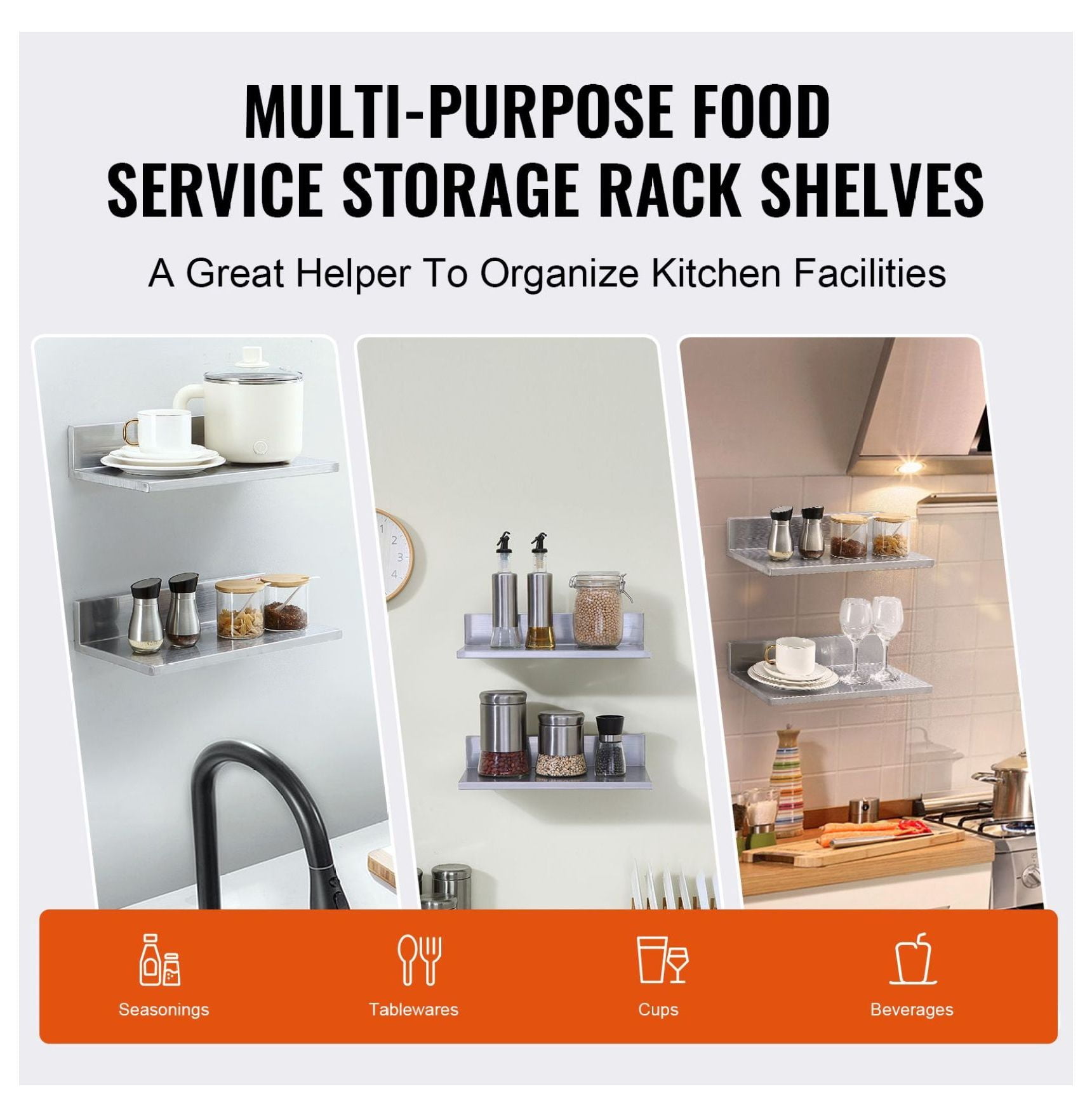 Stainless Steel Shelf 8.6x16 Inch, Wall Mounted Floating Shelves with Backsplash, 44lbs Capacity, Heavy Duty Storage for Kitchen, Restaurant, Bar, Hotel