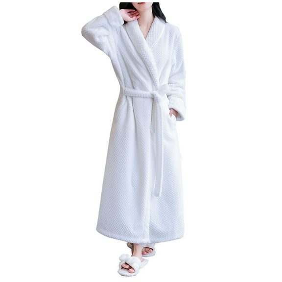 Jalioing Loungewear Bathrobe for Women Long Sleeve Robes Solid Color Thermal Mid-Long Pajamas (Large, White)