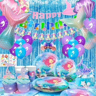 Mermaid Birthday Party Supplies, 128pcs Mermaid Birthday Decorations & Tableware Set - Mermaid Balloons Banners Plates Cups Napkins Tablecloth etc Mermaid Party Decorations(Serves 16)