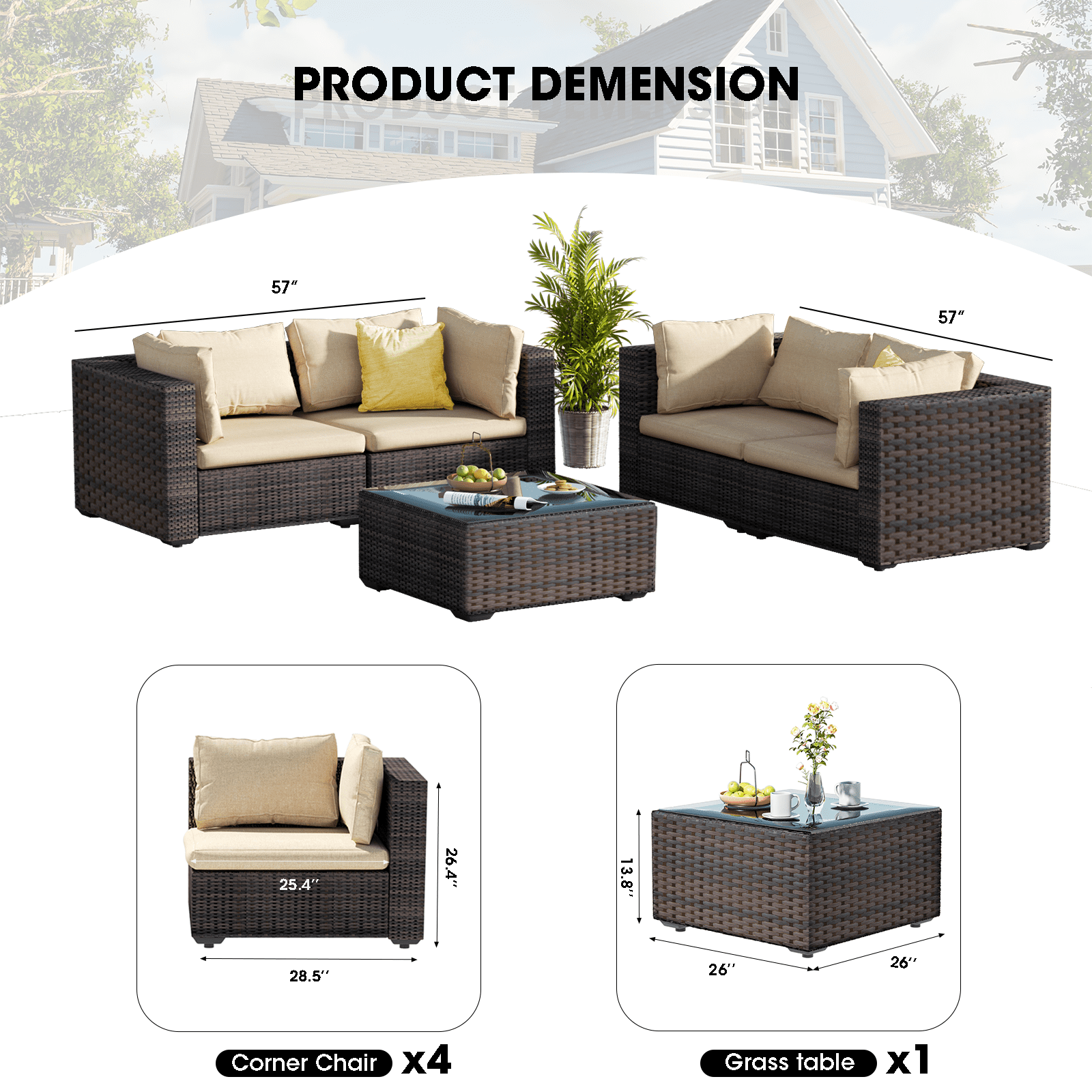 TANGJEAMER 5 Piece Patio Furniture Set, All Weather Outdoor Sectional PE Rattan, Patio Conversation Sets with Cushions and Glass Coffee Table for Garden Lawn Balcony Porch Deck, Beige