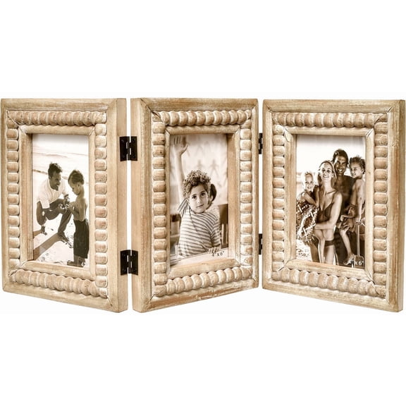 MODE HOME Rustic Distressed 3 Photos Folding Picture Frame Collage with Decorative Wood Beads, 3 Picture Frames 4x6 for Table or Wall Hanging, Farmhouse Gift Idea for Family and Friends