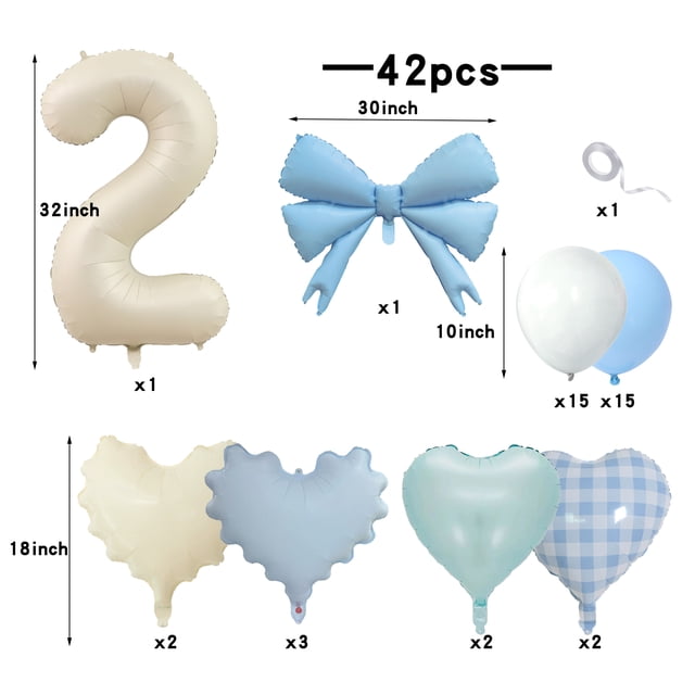 Light Blue Love Number 42pcs Balloon Set, Fresh Checkered Heart Balloons, Suitable for Baby Birthday Balloon Decorations.