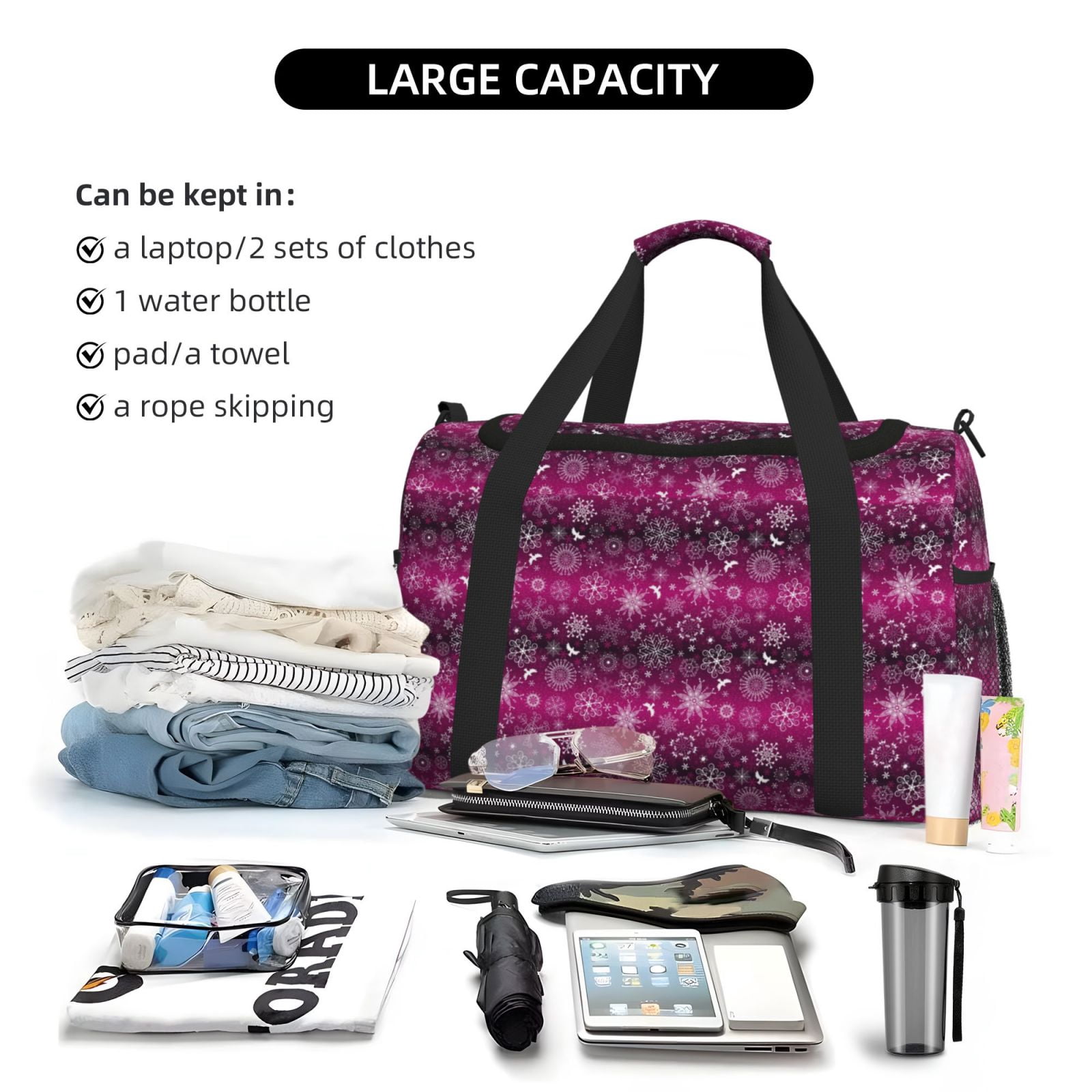 Fuzoiu Snowflakes And Christmas Print Travel Duffle Bag,Carry On Tote Bags,Duffel Bag,Sport Gym Bag, Hospital Bag for Labor and Delivery, Overnight Bag,Luggage Bag